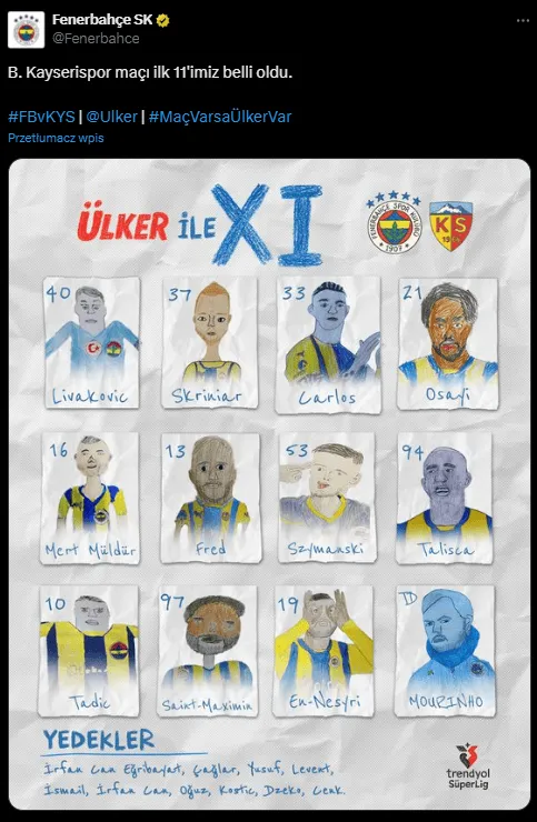Tak wczoraj Fenerbahce prezentowało swój skład na mecz!