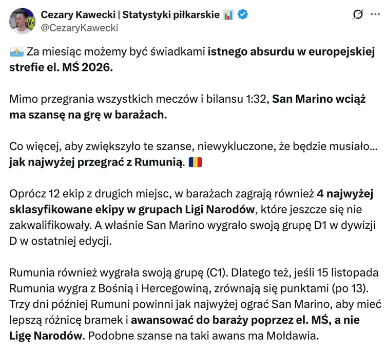 San Marino może awansować do barażów o Mistrzostwa Świata. Wystarczy, że... wysoko przegrają?