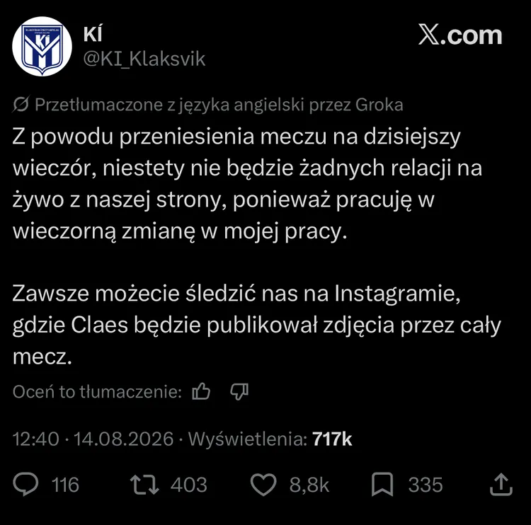 Wpis admina KI Klaksvik przed meczem z Lechem Poznań xD