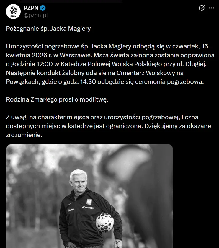 PZPN podał szczegóły pogrzebu śp. Jacka Magiery